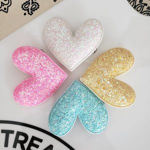 4 Heart Glitter Hair Clips For Girls. Kids